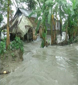 বেড়িবাঁধ ভেঙে লোকালয়ে ঢুকছে জোয়ারের পানি
